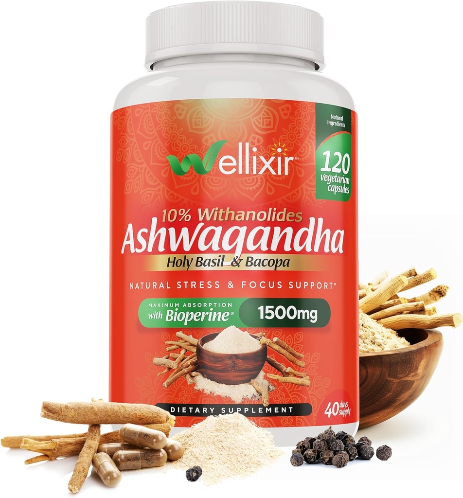 Ashwagandha 캡슐 - 10% withanolides의 뿌리 분말 추출물, 자연적인 긴장 기복, 수면, 초점 - 1500mg, 남자와 여자를 위해 -120 조사를 지원하는 초본 보충교재