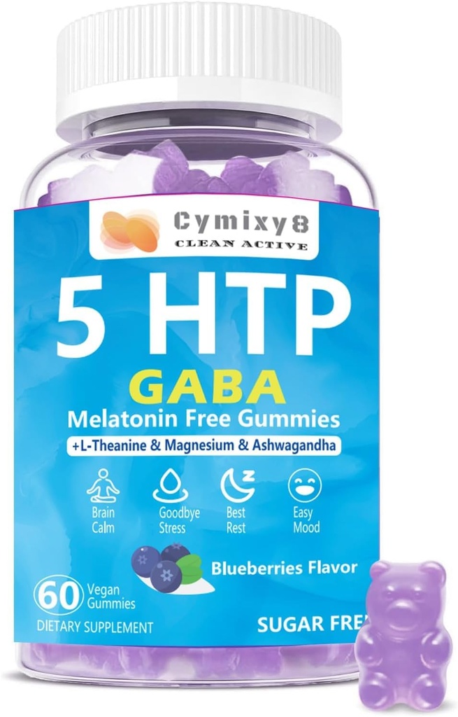 5-HTP GABA Gummies 혼합 1700mg, L Theanine, Magnesium, Ashwagandha, Omega-3-6-9, 비타민 D3, 천연 Zzz, Mood, Brain-Calm, 블루 베리 맛 60Count 용 B6