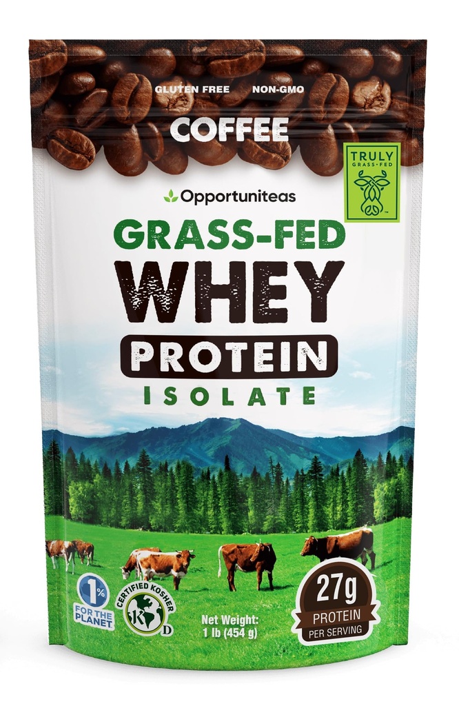 Opportuniteas Coffee Whey Protein Powder - 낮은 Carb & Keto 친화적 인 - 잔디 Fed Whey Isolate + Colombian Coffee - 에너지를위한 60 mg 카페인 - 사전 또는 포스트 운동 음료 혼합, 라테, 샤크 및 스무디 1lb