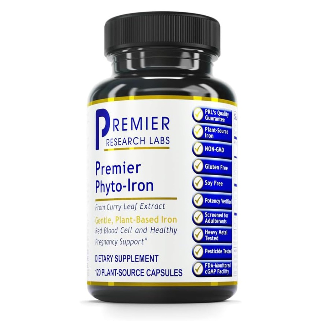 Premier Research Labs Phyto-Iron - 혈액 지원을위한 남성 및 여성을위한 식물 기반 철, Curry Leaves Supplement, Iron Supplements, Non-Heme Iron, 18mg Iron Per 서빙 - 120 채식 캡슐