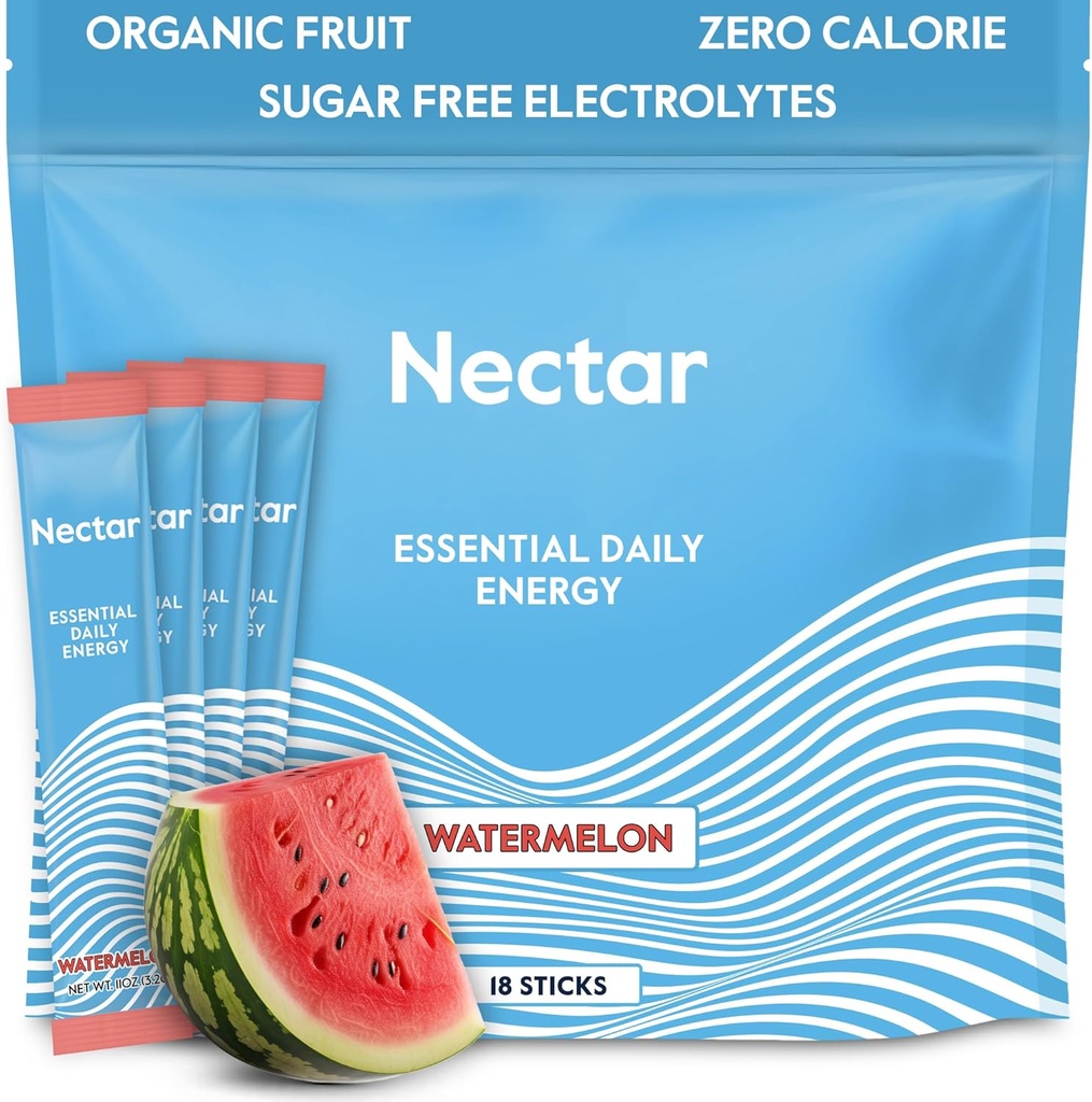Nectar Energy Booster - 유기 카페인, B12 & Electrolytes - Sugar Free & Zero Calorie - 건강한 커피, 에너지 음료 및 소다 대안 - Hydration & Energy Supplement (수박 18 패킷)