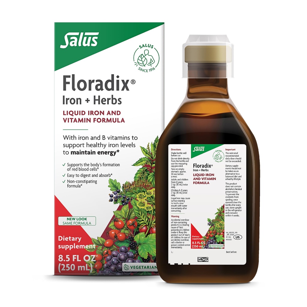 Floradix Iron & Herb - 에너지 지원을위한 액체 초본 보충 - 남성 및 여성을위한 비타민 C 및 비타민 B 복합체와 철 보충 - 8.5 fl oz