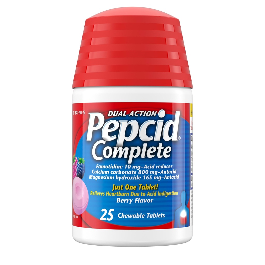 Pepcid 산 Reflux, 10mg Famotidine, 800mg 칼슘 탄산염 & Heartburn 약 정제, Antacid Chews, Berry, 25 ct 당 165mg 마그네슘 Hydroxide를 위한 완전한 산성 흡진기 + Antacid