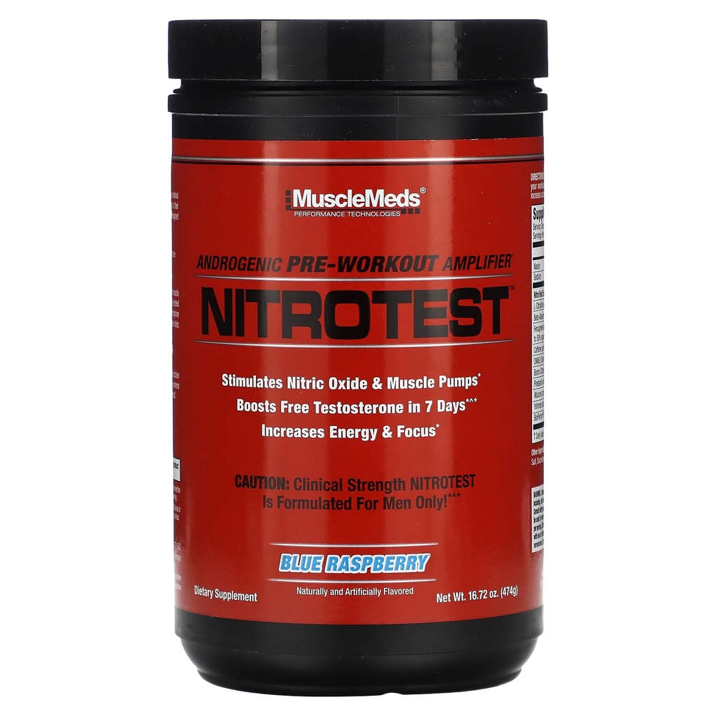 MuscleMeds Nitrotest 전 운동 보충교재 음료, Boost Nitric 산화물, 테스토스테론, 파란 딸기, 30 서빙, 1.04 파운드, 1 조사