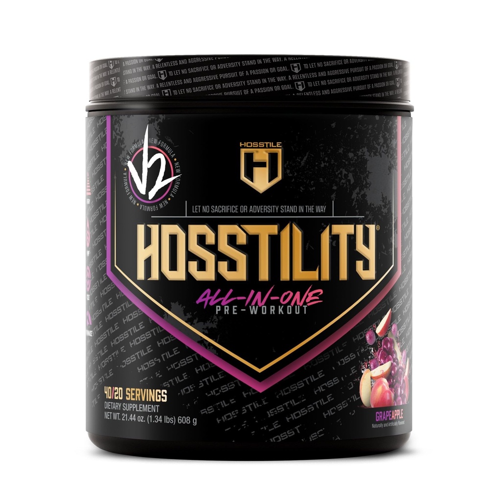 HOSSTILE Hosstility V2 전 운동, 남자와 여자를 위한 All-in-One 전 운동 분말, 강화 근육 펌프, 증가 에너지, 부스트 힘, Sharpen 초점, 포도 사과, 40의 서빙
