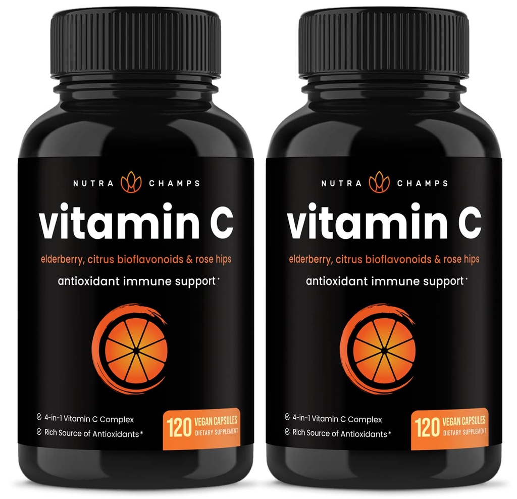 NutraChamps (2 팩) Elderberry, Citrus Bioflavonoids & Rose HIPS와 비타민 C 1000mg - 120 캡슐 Vegan, 면역 건강 및 교원질 생산 500mg 분말 알약을 위한 비 GMO 산화제 보충교재