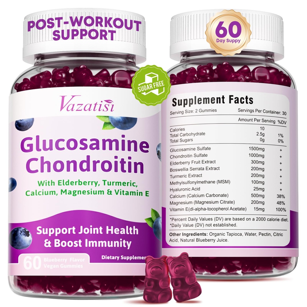 2 팩 Glucosamine Chondroitin Gummies - MSM, Elderberry, Turmeric, 성인, 남성 및 여성을위한 합동 지원 보충 - 글루코사민 Chondroitin - 블루 베리 맛, 120 Cts