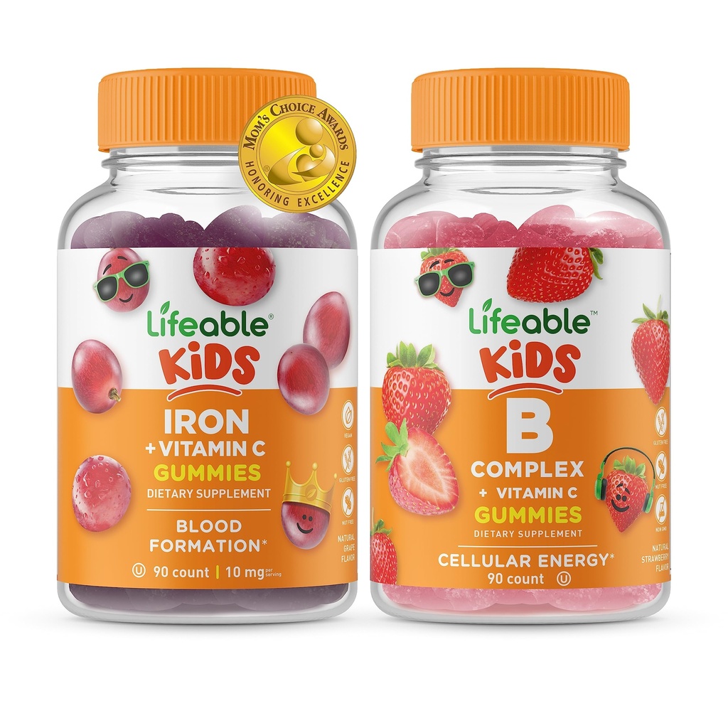 Lifeable Iron & Vitamin C Kids + B Complex Kids, Gummies Bundle - 훌륭한 타스팅, 비타민 보충, 글루텐 무료, GMO 무료, Chewable Gummy