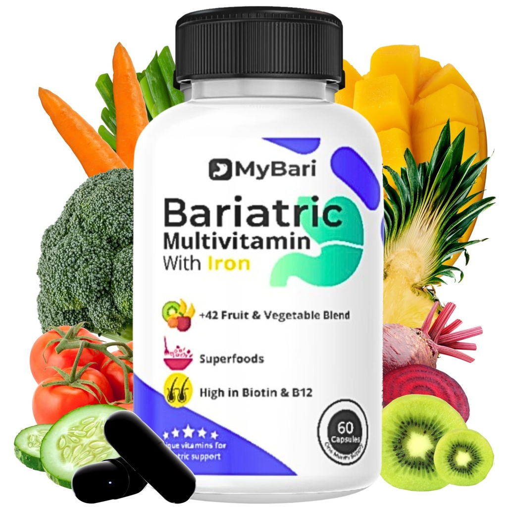 철을 가진 All-in-One Bariatric Multivitamin - 미국 - 남자 & 여자를 위해 - 42+ 과일 & 채소 혼합을 가진 위장 소매 & 우회를 지원합니다 - 60의 액체 캡슐