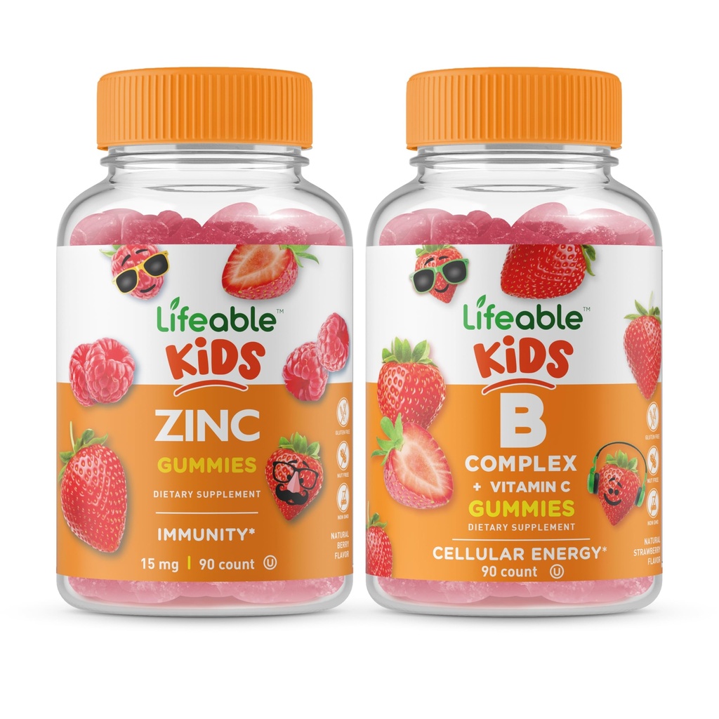 Lifeable Zinc Kids + B Complex Kids, Gummies Bundle - 훌륭한 타스팅, 비타민 보충, 글루텐 무료, GMO 무료, Chewable Gummy