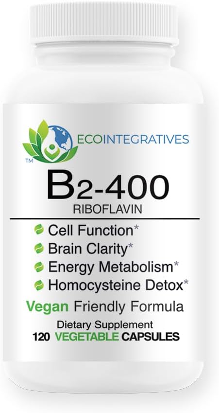 B2-400 순수한 Riboflavin - 신경 시스템 건강, Homocysteine 해독, 심장 혈관, 도움 Boost 에너지, 정신 Clarity, 대사 및 세포 기능 (120)