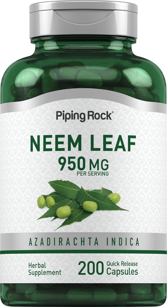 Piping Rock Neem 리프 캡슐 | 950mg | 200 파우더 알약 | 허브 추출물 보충 | Azadirachta Indica | Non-GMO, 글루텐 무료