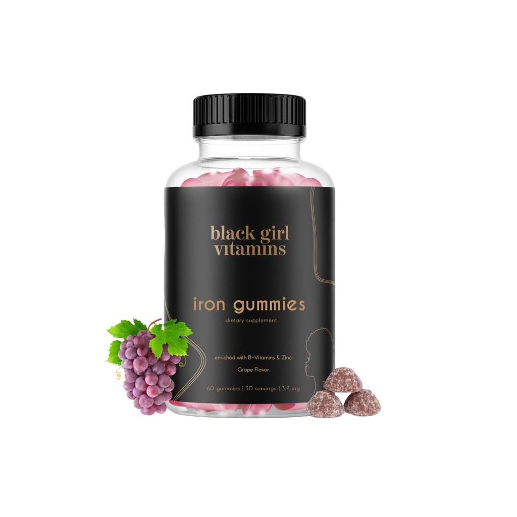 Black Girl Vitamins - Iron Gummies (20 mg), 지원 Iron Deficiency & Anemia, Gluten-Free, 젤라틴 무료, 미국에서 만든 (Grape, 60 카운트) 30 일 공급