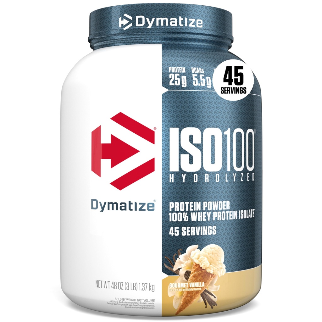 Dymatize ISO100 Whey Protein Powder Isolate, 바닐라, 단백질 25g, 3 파운드, 5.5g BCAAs, 미만 120 Cal., 글루텐 무료, 1g 지방, 1g 설탕, 2g 캐비 (45 서빙)