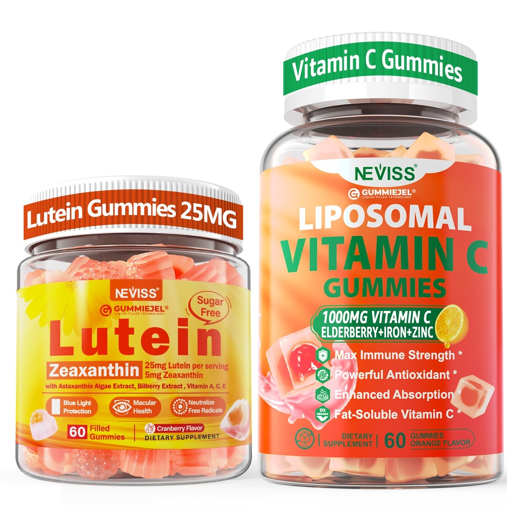 NEVISS 1Pack Liposomal 비타민 C 1000mg Gummies + 1Pack Lutein Zeaxanthin 보충 교재 Gummies