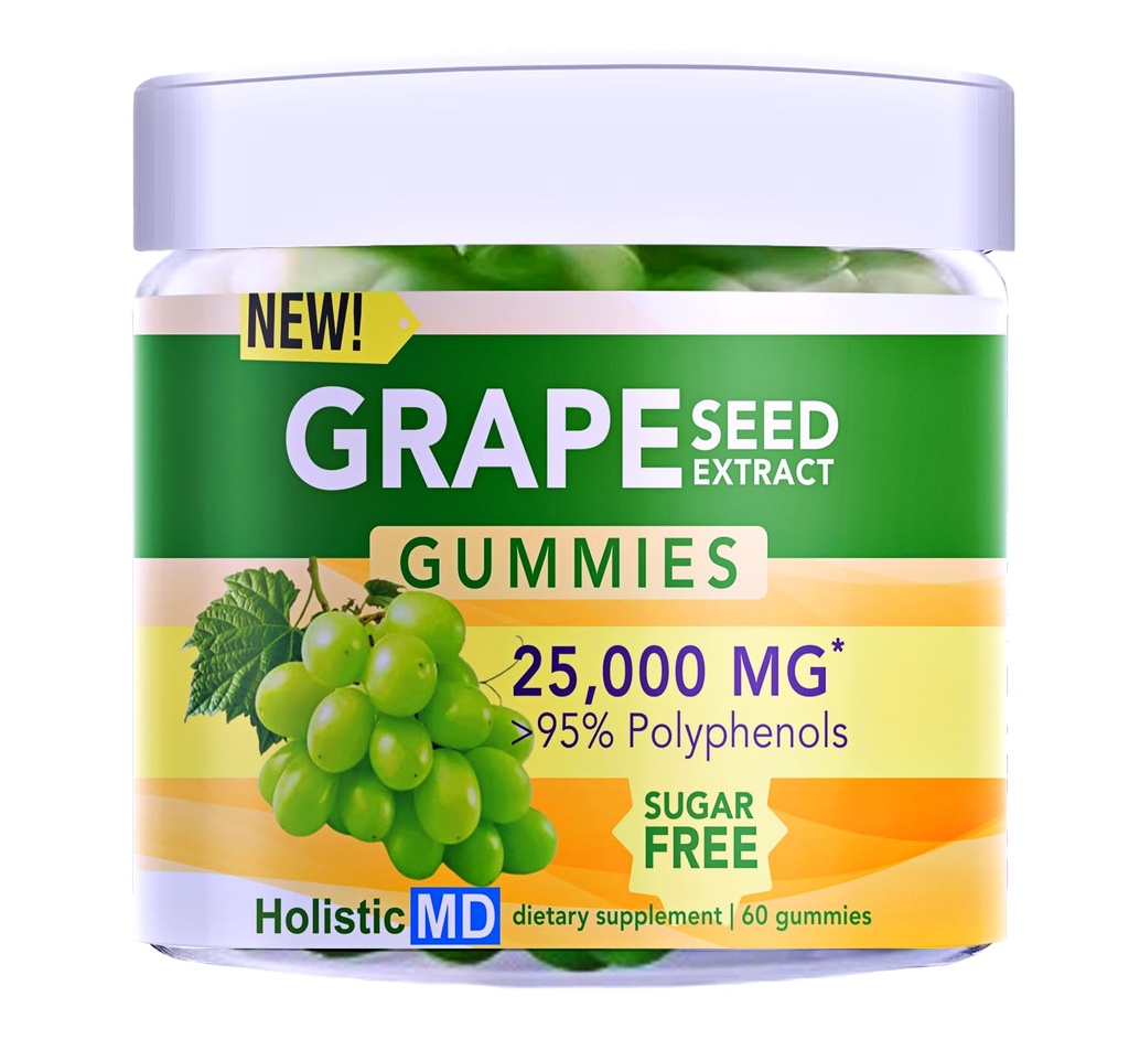 포도씨 추출물 Gummies | 포도씨 기름 25,000 mg 50x 고유 | >95% 폴리페놀 | 미국에 있는 #1 포도씨 Gummies | 설탕 자유로운 채식주의자 | 포도 풍미 60 ct