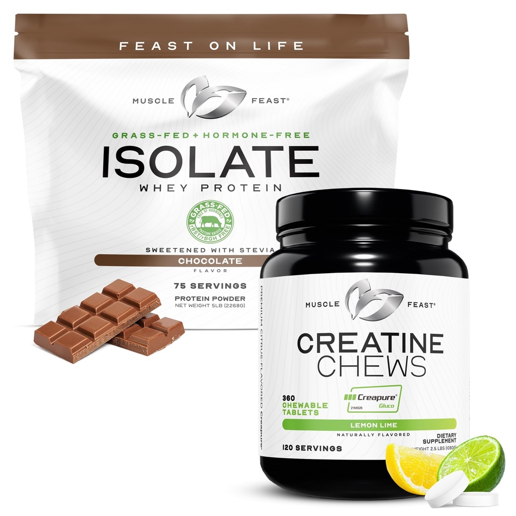 근육 Feast Isolate + Creatine 캔디 번들 : 1 Whey Protein Isolate (Chocolate, 5lb) + 1 Creatine Candy (Lemon Lime, 360) | 프리미엄 보충제, 채식, 글루텐 무료