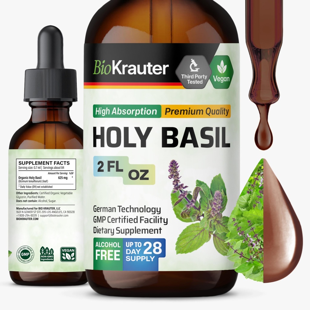 BIO KRAUTER Holy Basil Tincture - Tulsi Powder Liquid Extract - Calmness 및 Relaxation 지원 - Ursolic Acid Supplement - 알코올 및 설탕 무료 - Vegan Drops 2 Fl.Oz.