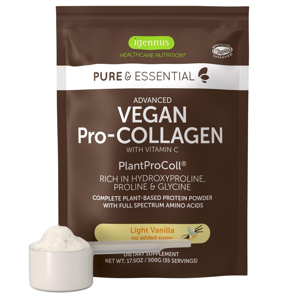 Igennus 고급 Vegan Vanilla Collagen 펩타이드 분말, 글리신으로 강화, Proline & Hydroxyproline & Cofactor 비타민 C, 비 GMO, 채식 식물 기반 콜라겐 분말 부스터, 35 서빙