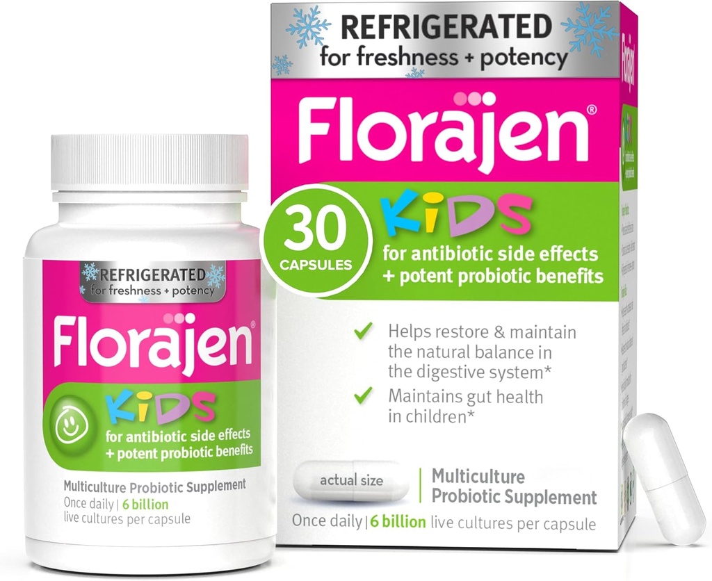 Florajen Kids Probiotics, Daily Gut Health & Immune Support Supplement, Constipation 및 Bloating Relief, 30 캡슐 (냉장)