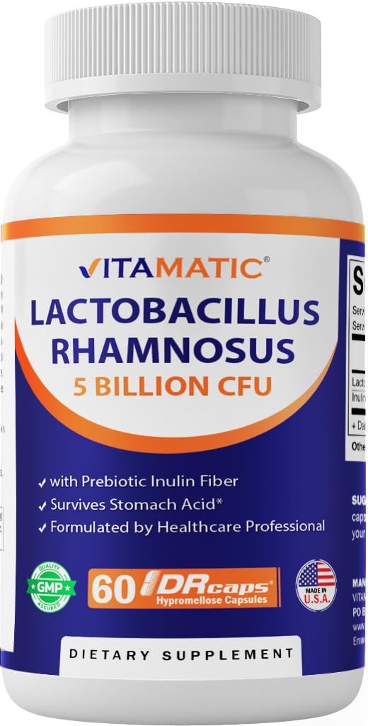 Vitamatic Lactobacillus Rhamnosus 5 Billion per DR 캡슐 (10 억 2 캡슐 당) - 60 카운트 - 고급 다이제스트 및 면역 지원 - Prebiotic Inulin Fiber로 제작