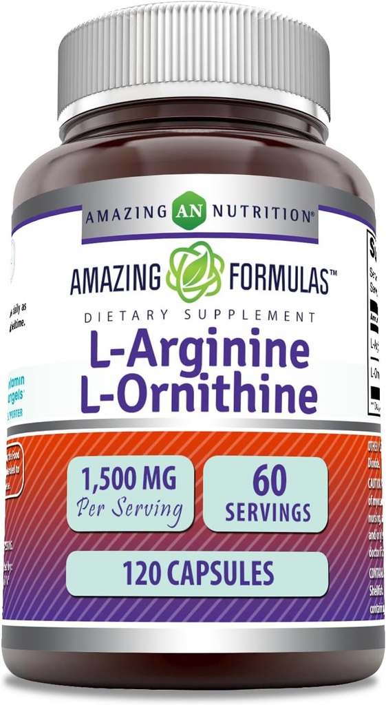 놀라운 포뮬러 L-Arginine/L-Ornithine 1500 Mg Per 서빙, 캡슐 | Non-GMO | 글루텐 프리 | 아미노산 보충 (120 개)