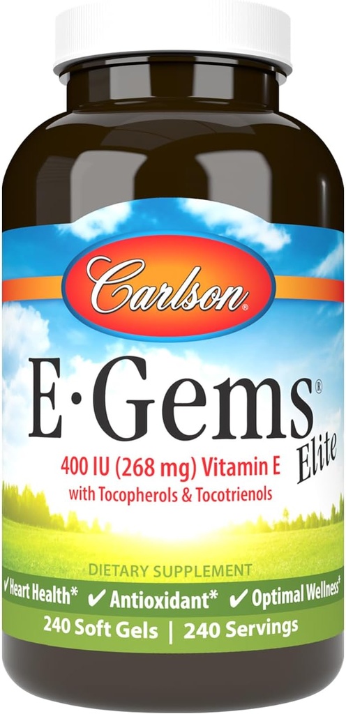 Carlson - E-Gems Elite, Tocopherols & Tocotrienols, 비타민 E 캡슐, 심장 건강 및 최적의 웰빙, 산화 방지제, 비타민 E 보충교재, 240 Softgels를 가진 400 IU 비타민 E