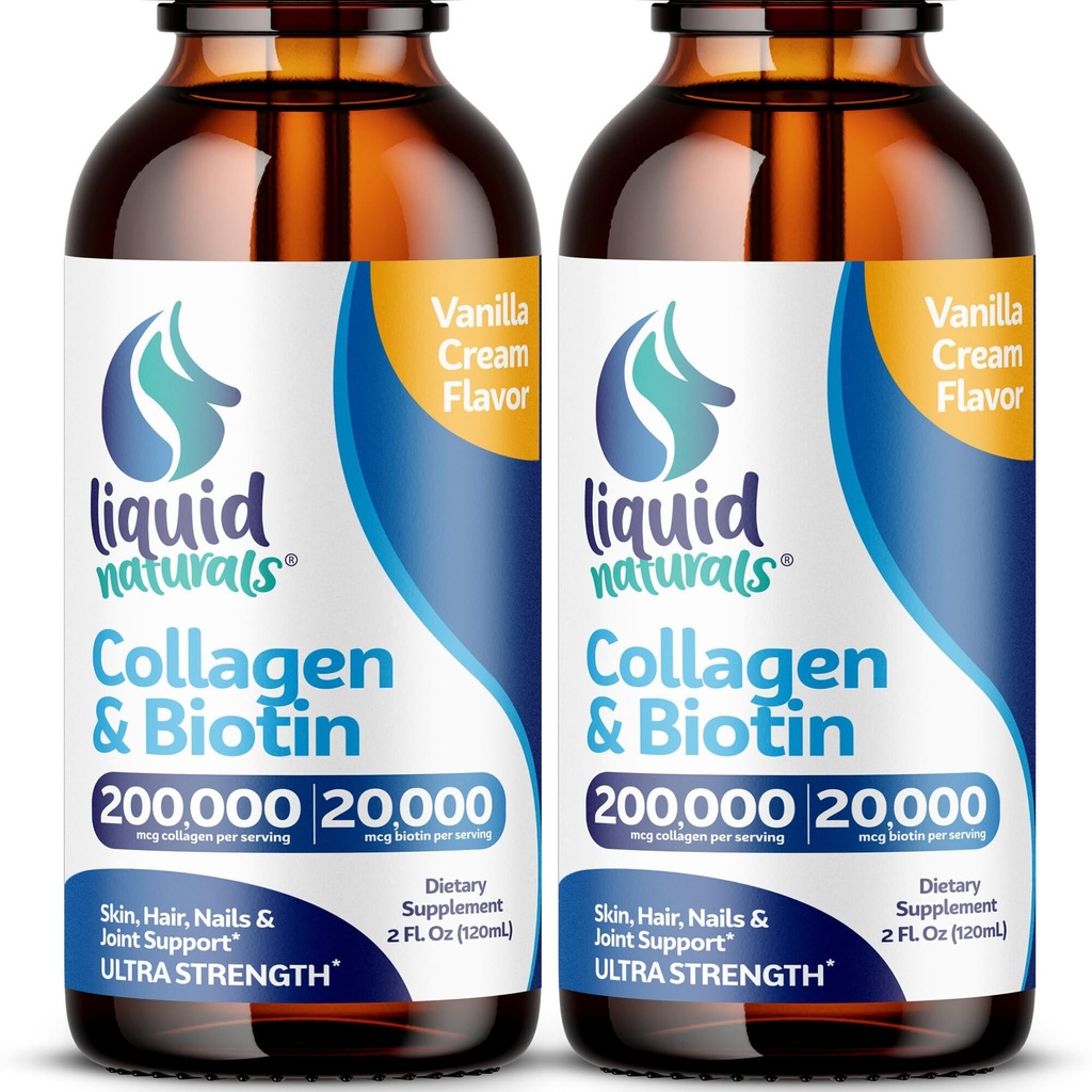 액체 콜라겐과 Biotin, 2 Fl. Oz, 여성을위한 울트라 스테르 콜라겐 보충제, 헤어 성장 여성, 손톱, & 피부 비타민 B7 콜라겐 펩타이드 - 바닐라 맛 - 2 팩