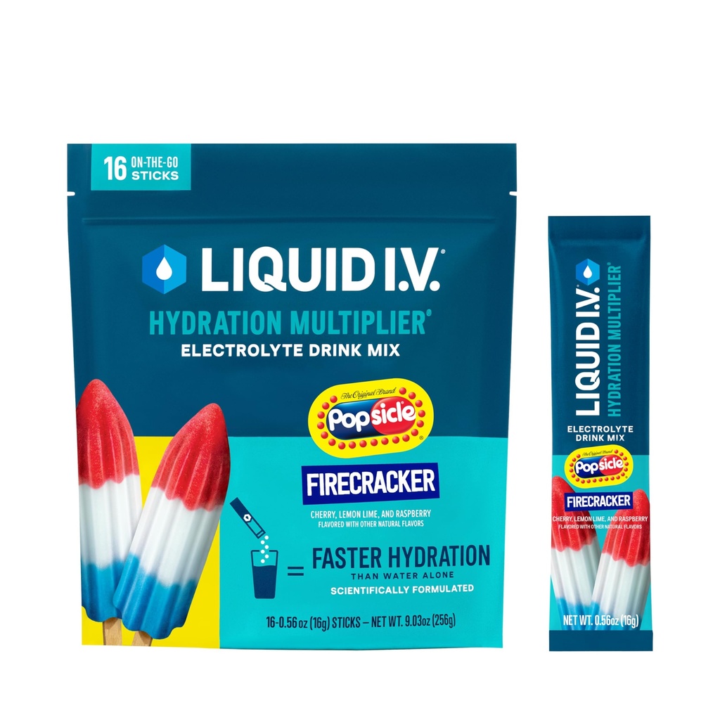 액체 I.V.® Hydration Multiplier - 팝스퍼 Firecracker | 전자 분말 음료 혼합 | 1 팩 (16 인분)