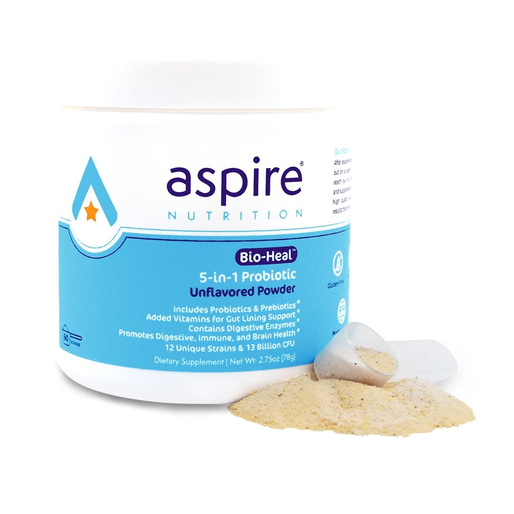 Aspire Nutrition 5-in-1 Bio-Heal® Probiotic for Kids, Men & Women - 뇌 기능, Gut Health & Constipation을위한 최고의 보충 - 비타민, 미네랄 및 Prebiotics로 안정적이고 Fortified - 분말