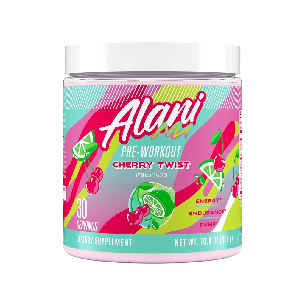 Alani Nu Pre 운동 분말 버찌 트위스트, 아미노산 에너지 부스트, 내구시간 보충교재, 설탕 무료, 200mg 카페인, L-Theanine, 베타 알라닌, L-Citrulline, 30 서빙