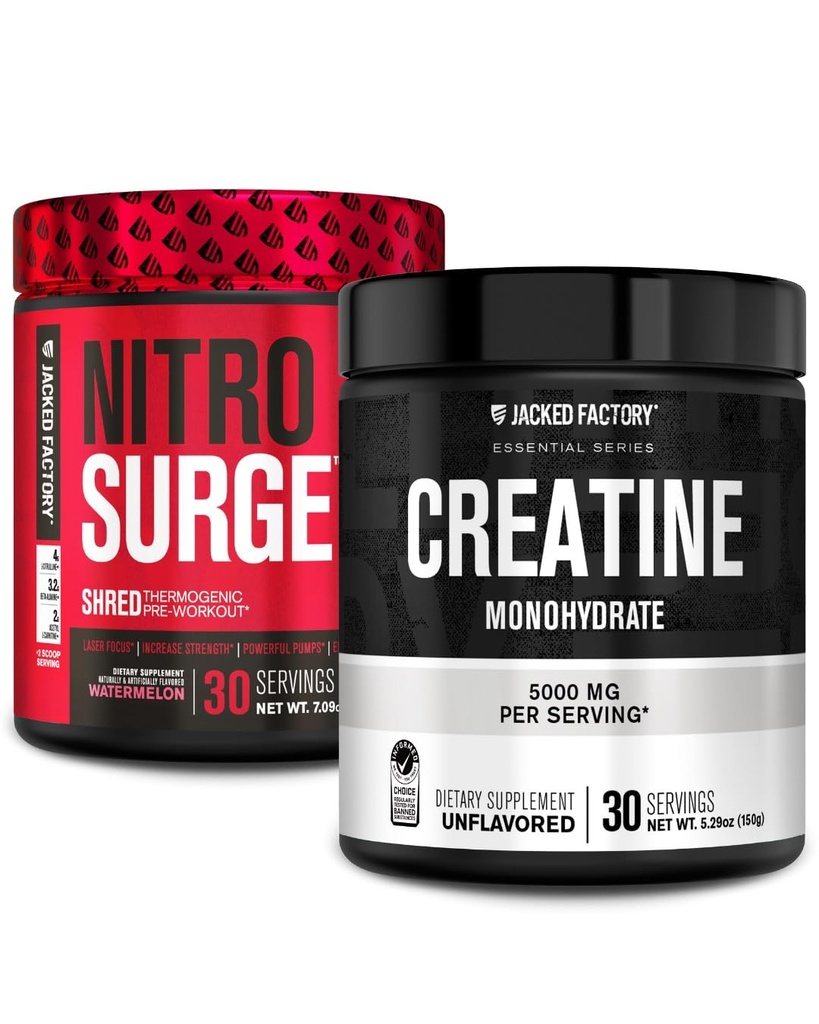 Jacked 공장 NITROSURGE Shred 전 운동 보충교재 (수박, 30의 서빙) & Creatine Monohydrate 분말 (30의 서빙)