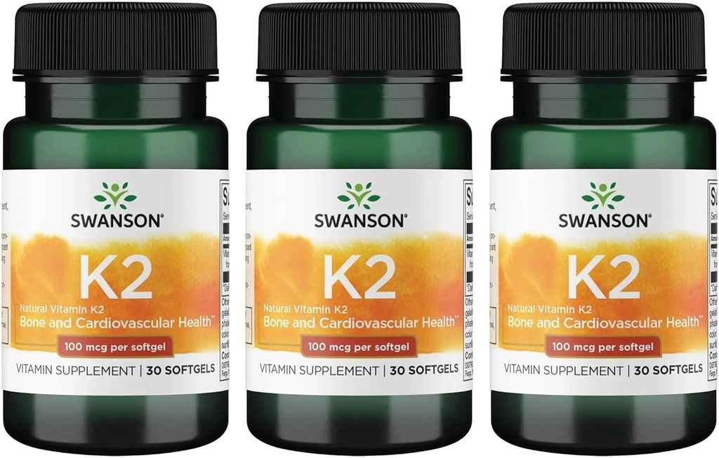 Swanson Vitamin K2 (Menaquinone-7) - 비타민 보충 심혈관 및 뼈 건강 - 칼슘을 규제하는 데 도움이되는 일본 Natto에서 만든 - (30 Softgels, 100mcg 각각) (3 팩)