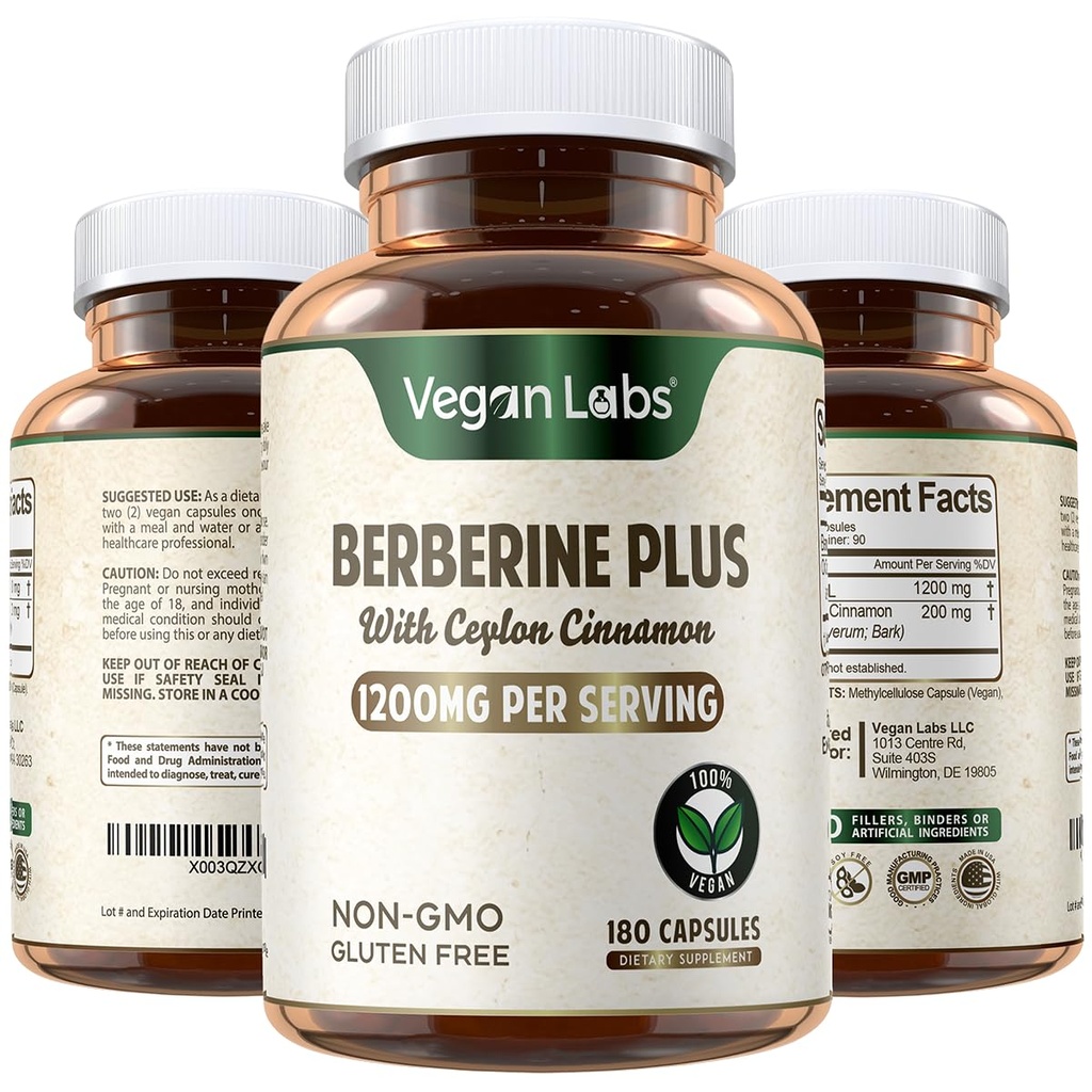 Vegan Labs Berberine HCL 1200MG 유기 Ceylon Cinnamon- 180 Vegan 캡슐 지원 전반적인 건강 및 면역 체계
