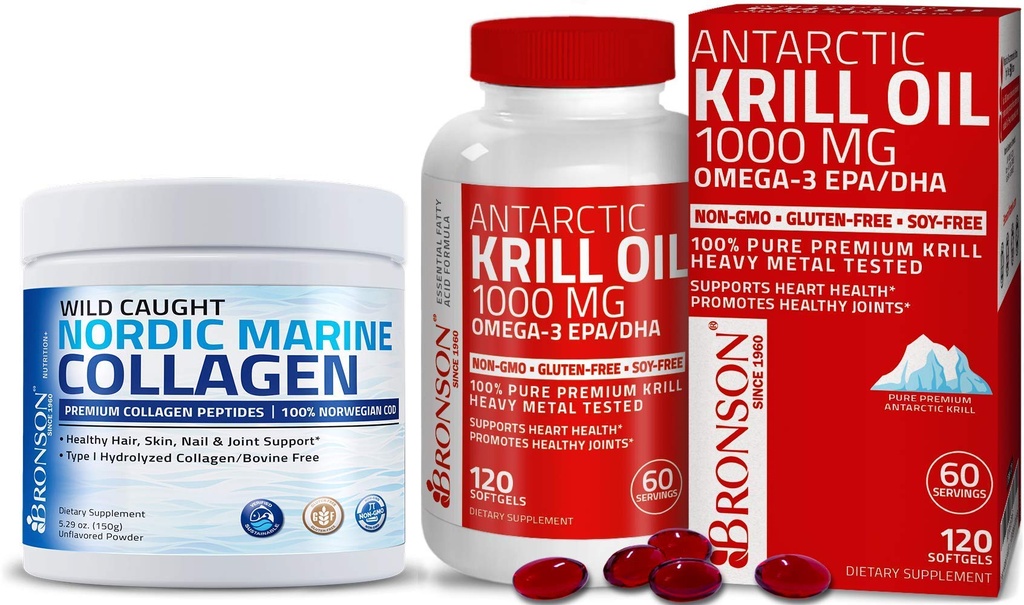 Bronson 바다 교원질 펩티드 Hydrolyzed 단백질 분말 + 마취 Krill 기름 Omega-3s EPA DHA를 가진 1000 mg