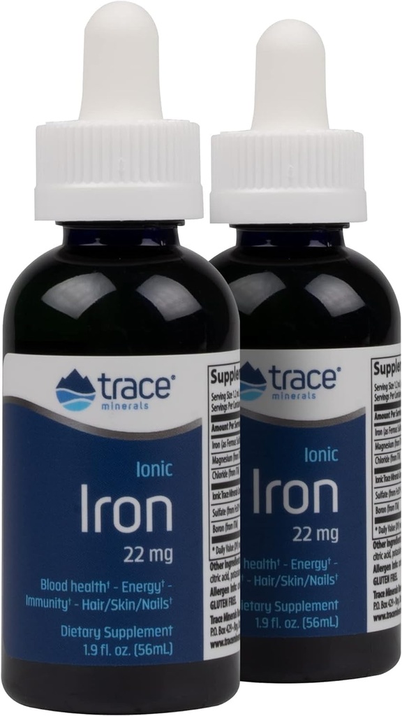 Trace Minerals Ionic Iron, 22mg - 마그네슘과 에너지 지원 보충 - Aid Brain Health & Immune System Function - 글루텐 자유로운 액체 보충교재 - 1.9 fl oz (2 팩) (92의 서빙)