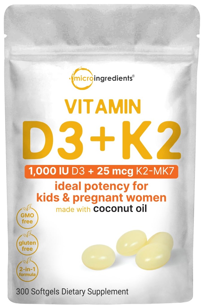 마이크로 성분 비타민 D3 1,000 IU + K2 MK-7 25 mcg, 300 Softgel | 버진 코코넛 오일 | 2-in-1 Bone, Immune & Heart Support | 삼키기가 쉽고 비 GMO