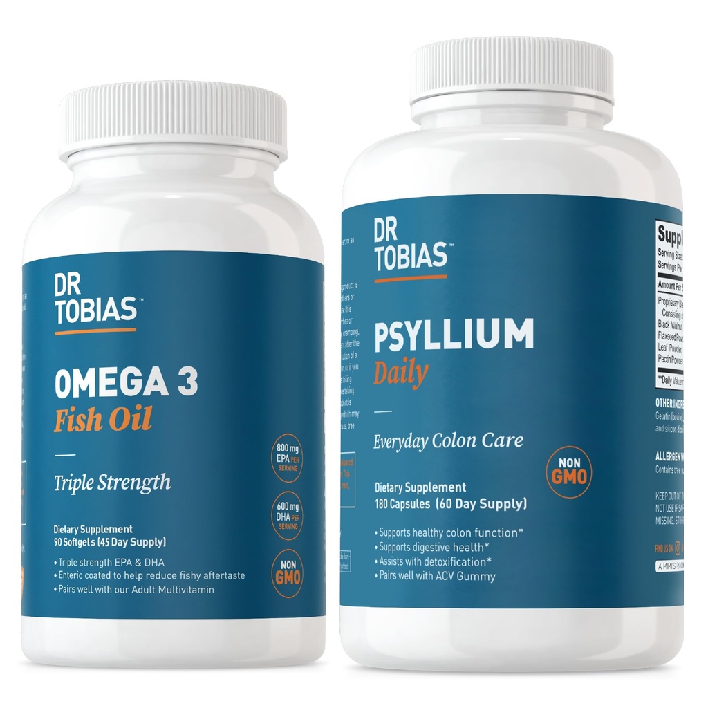 Tobias Omega 3 Fish Oil & Psyllium Heart, Brain & Immune Support, Psyllium Husk 캡슐과 건강한 Bowel 운동 지원을위한 매일 보충제
