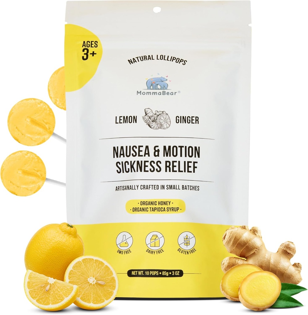 MommaBear Nausea & Motion Sickness Lollipops - Nausea를위한 비 GMO 레몬 & Ginger Candy - 아동을위한 유기 롤리팝 3+ & 임신한 여성을 완화하기 위해 - 신선도 (10 팩)