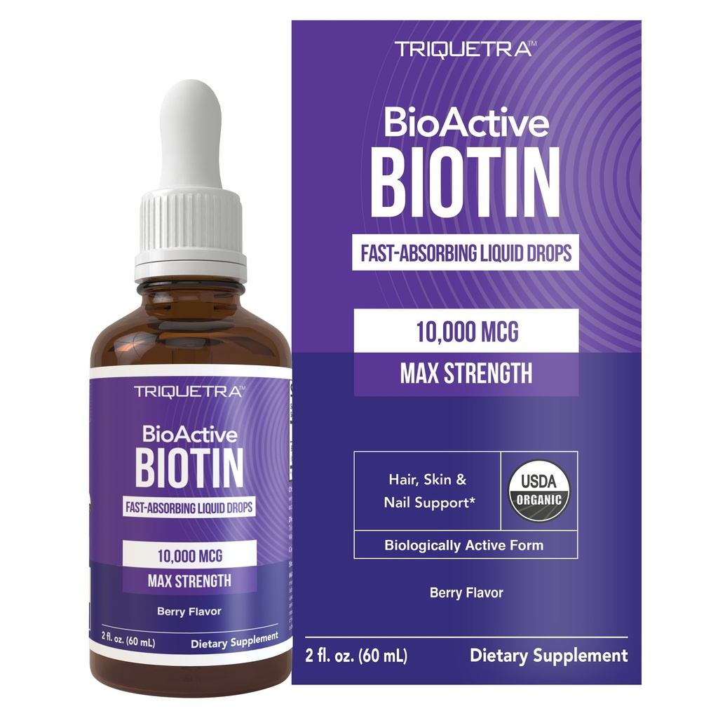 여성을위한 Triquetra 건강 Biotin 머리 지원 – 유기 10000mcg USP 급료 – 높은 흡수를위한 프리미엄 액체 보충 – 건강한 머리, 피부 및 손톱 지원 – 베리 맛 – 180 서빙 – 2 oz