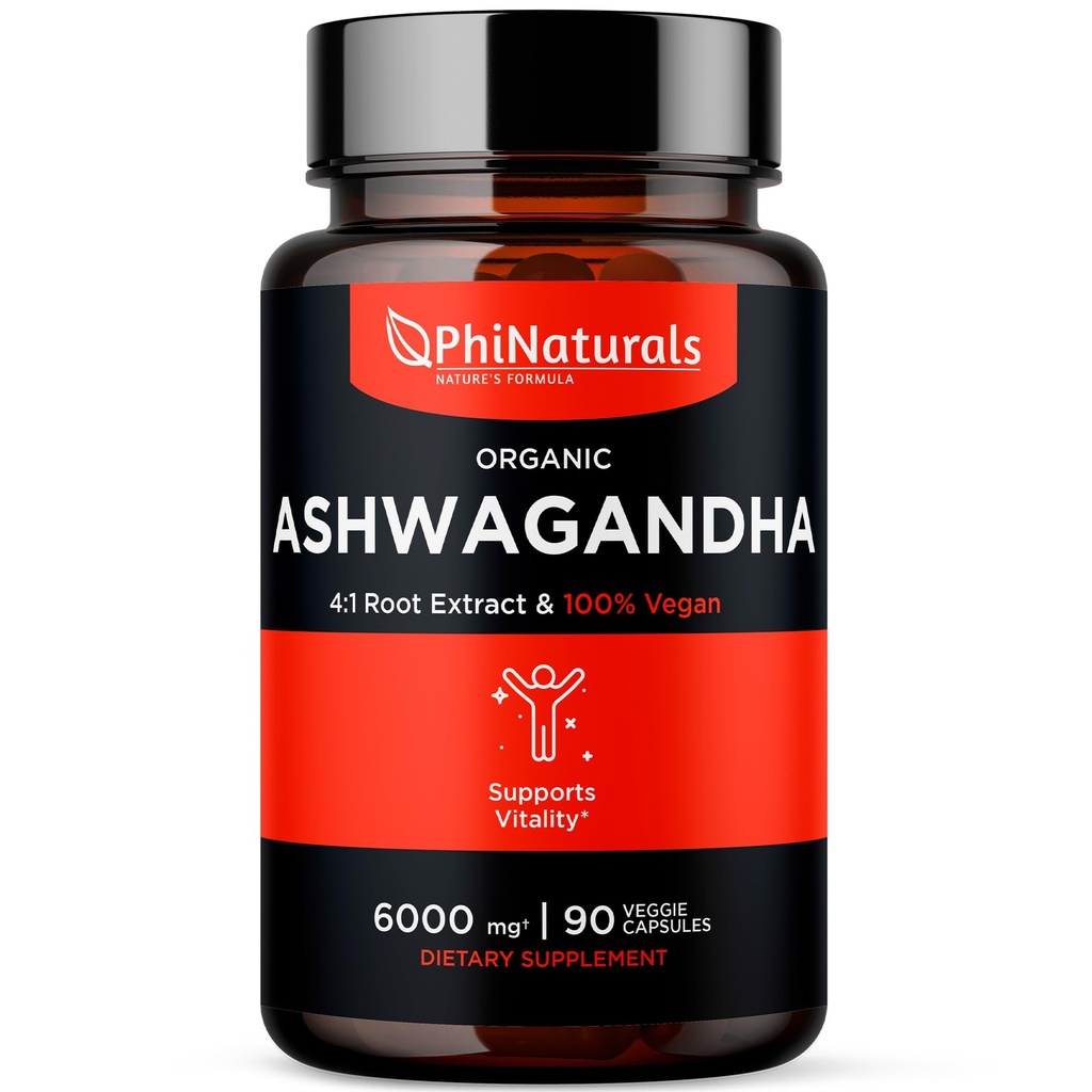 Vegan 캡슐에 있는 PhiNaturals 유기 Ashwagandha 뿌리 추출물은 6000 Mg 뿌리에 동등한 - 남자를 위한 Ashwaganda 보충교재와 30 봉사 당 1500 Mg를 가진 여자 - Vegan 캡슐 90 조사 당 500mg