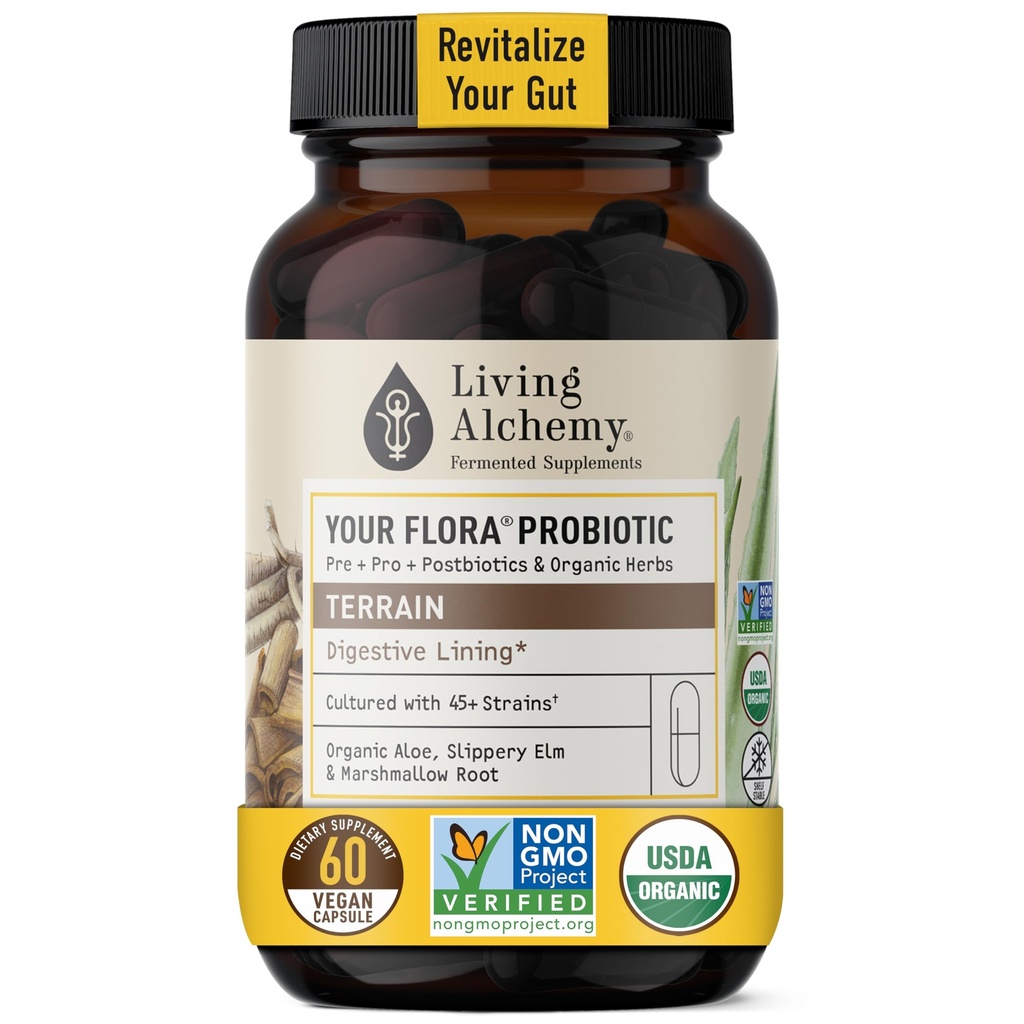 Flora Probiotic Terrain – Fermented Soybean, Aloe Vera 및 Gut Balance & Digestion 용 Slippery Elm – Prebiotics, Postbiotics, Digestive Enzymes – Living Alchemy, 60 PC 용 Non-GMO Probiotics