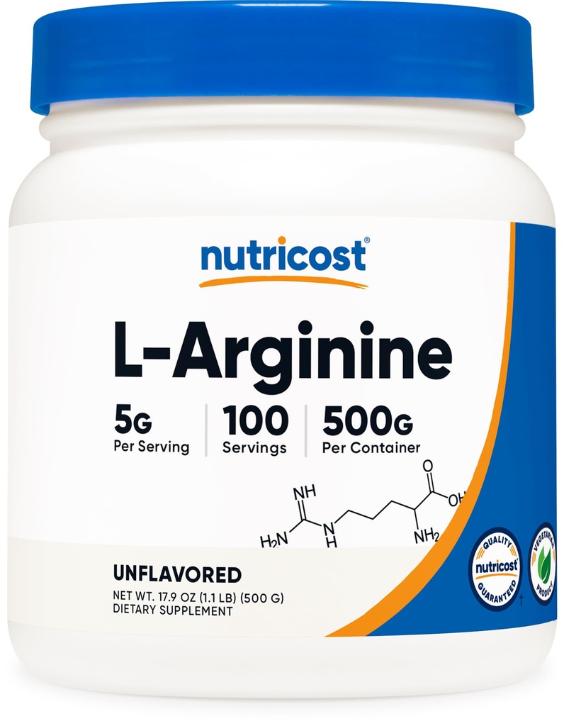 Nutricost L 아르기닌 분말 500 그램 (1.1lbs) - 순수한 L 아르기닌 분말 - 서빙 당 5000mg; 100 서빙