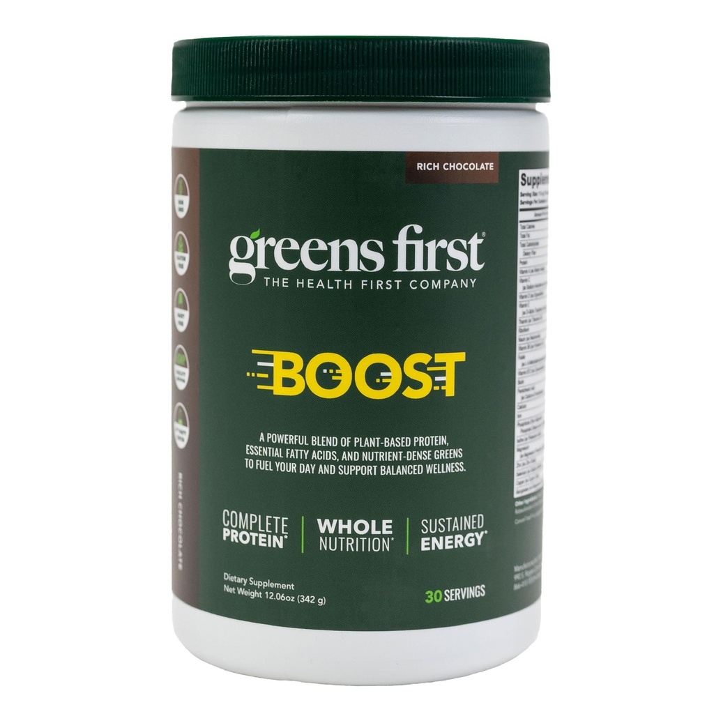 Greens First Boost - 식물 기반 단백질 및 균형 영양 - Superfood Shake Mix - Wheat 또는 Soy - Dairy-Free - Vegan - 네덜란드 초콜릿, 12.28 oz.