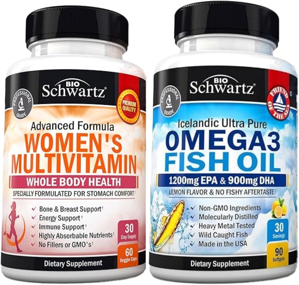 여성 캡슐을 위한 매일 Multivitamin (1 달 공급) 플러스 세 배 힘 Omega 3 물고기 기름 Softgels (1 달 공급)