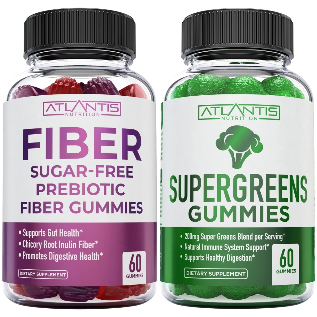 Atlantis Nutrition Sugar 무료 프리 바이오 틱 섬유 Gummies 성인 2-Pack (120 Gummies) + Supergreens 60 Gummies