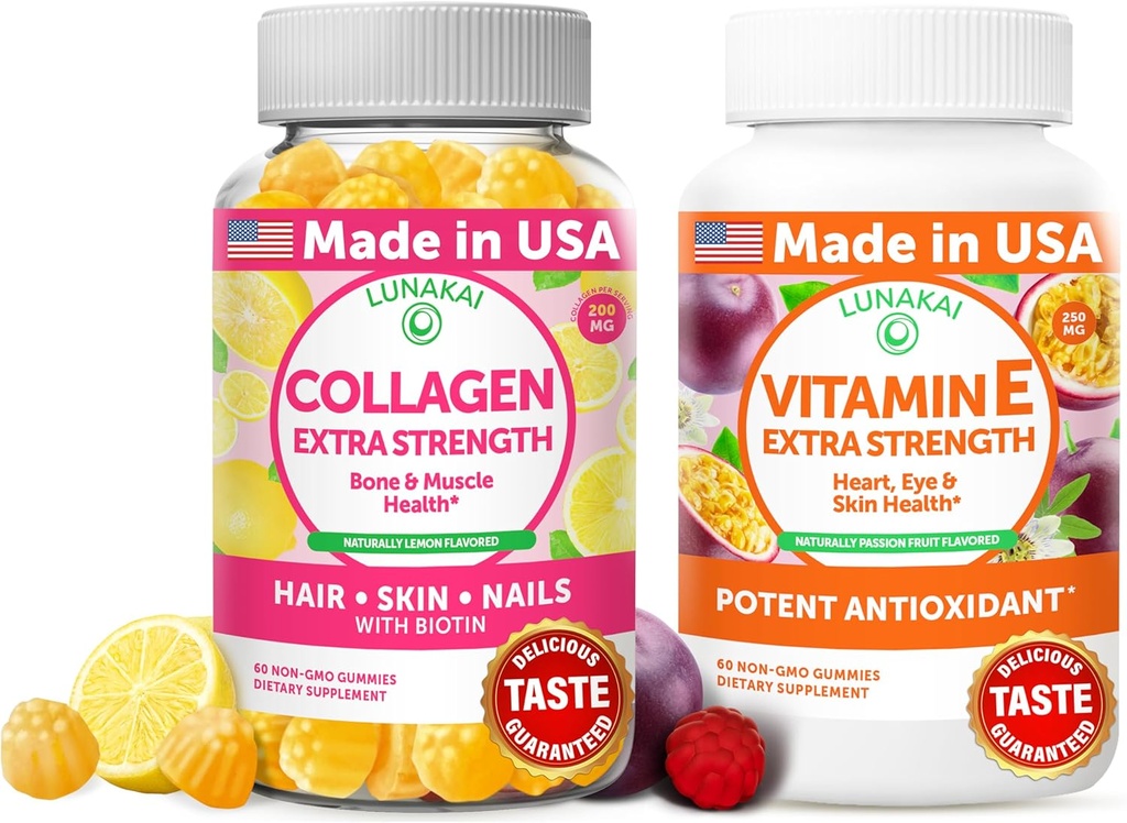 Lunakai 교원질과 비타민 E Gummies 뭉치 - 남자 & 여자를 위한 비 GMO 노화 방지 보충교재 - 비타민 C & 250 mg 자연적인 VIT E를 가진 자연적인 Gummy