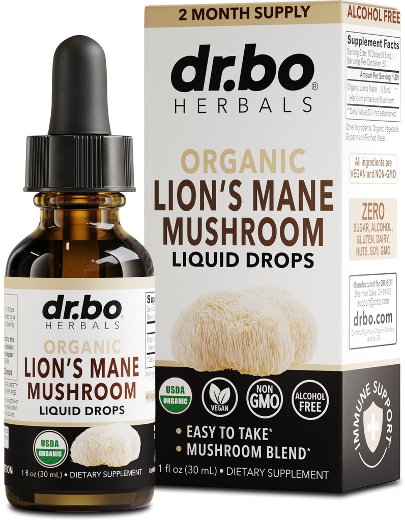 Lions Mane Mushroom Supplement Drops - 유기 사자 Mane Mushroom Liquid Tincture for Focus, Fog Brain Health Supplements - Vegan Herbal Nervine Nootropic Organic Lions 액체 보충 추출물 1oz