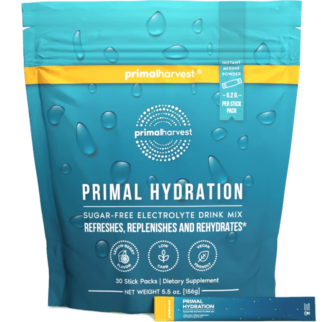 Primal Harvest Electrolytes Powder Packets Primal Hydration, 쉬운 오픈 패킷, 에너지 음료 혼합 (레몬 베리, 30 팩) (1 가방)