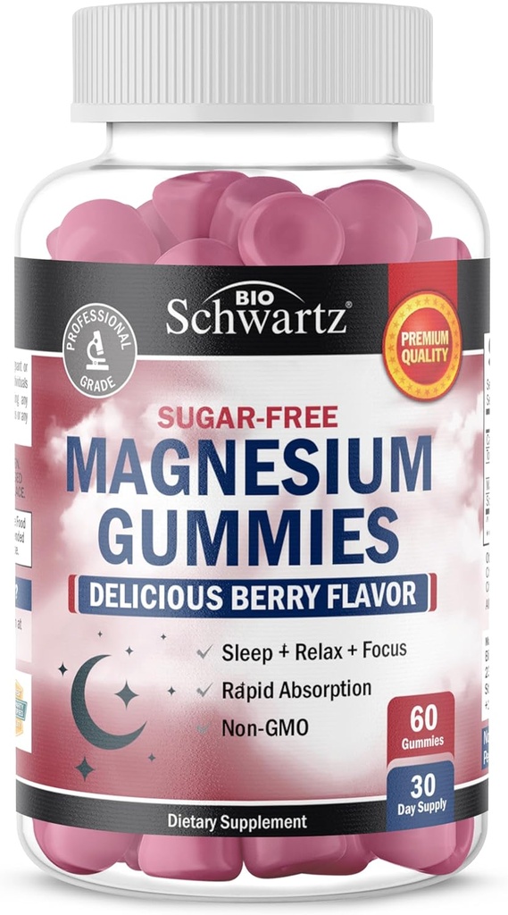 BioSchwartz Sugar Free Magnesium Gummies (30 서빙) Berry flavored Magnesium Citrate Supplement는 건강한 Nerves 근육 에너지 Calm Mood 및 수면 (Vegan Safe, Non GMO, 60 Gummies)를 지원합니다.